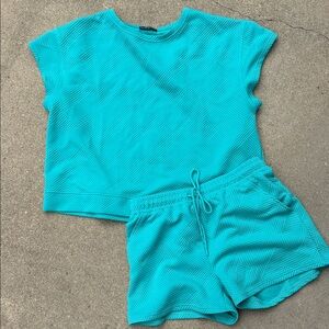 Turquoise Textured Short Sleeve Top and Shorts Set